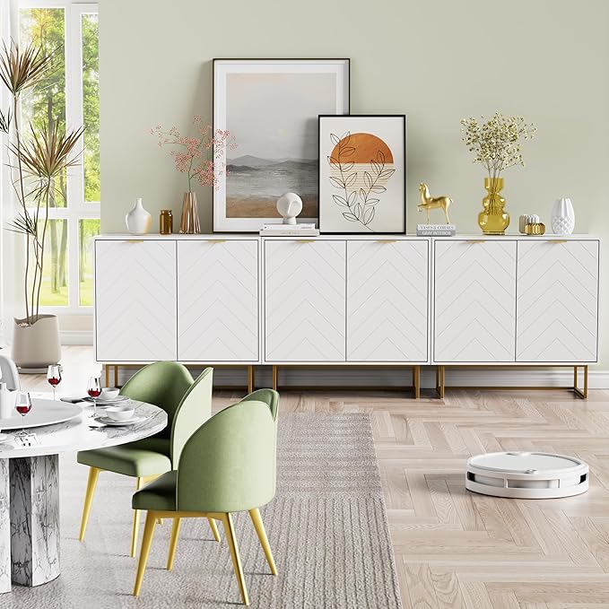 Scurrty 94.5" Large Sideboard Buffet, Storage Cabinet with Golden Legs, Black Sideboard Storage Cabinet with 6 Doors and Adjustable Shelf, Accent Cabinet for Living Room, Kitchen,White