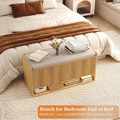 HOMEFORT 39.4" Fluted Shoe Storage Bench, Entryway Bench with Linen Seat Cushion, Shoe Cabinet Bench with Adjustable Shelf and Built-in LED Sensor Light, Bench for Bedroom End of Bed, Natural Oak