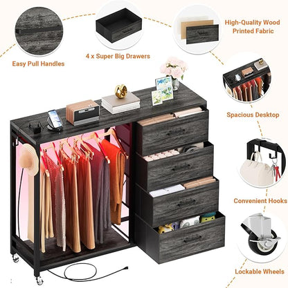Cyclysio Dresser with Hanging Rack, 4 Fabric Drawers Dresser with Clothes Rack, Wooden Top Storage Chest of Drawers with Charging Station & LED Lights, Lockable Wheels, Closet