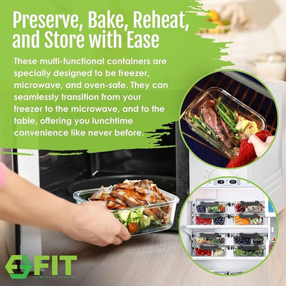 FIT Strong & Healthy Meal Prep Containers, 1 & 2 & 3 Compartments – Glass Bento Box Adult Lunch Box, Glass Containers Meal Prep with Lids, Container with Compartments, 35 oz, Black, 3 Pack