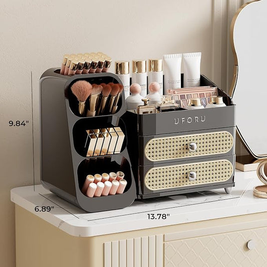 UFORU Makeup Organizer for Vanity with Brush Holder, Large Capacity Bathroom Countertop Skincare Organizer with 2 Drawers, Cosmetic Display Case for Perfumes, Eyeshadow Palettes, Nail Polishes