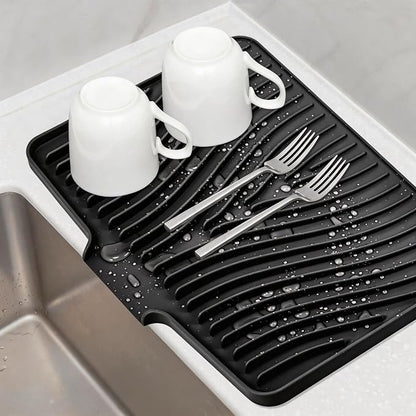 TIKNIK Silicone Dish Drying Mat for Kitchen Counter - Heat Resistant & Non-Slip Dish Drain Pad with Built-In Drain, Dishwasher Safe, Quick-Dry, Hangable & Roll-Up for Storage, Black-1pc, 20" x 15"