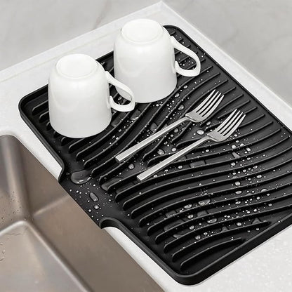 TIKNIK Silicone Dish Drying Mat for Kitchen Counter - Heat Resistant & Non-Slip Dish Drain Pad with Built-In Drain, Dishwasher Safe, Quick-Dry, Hangable & Roll-Up for Storage, Black-1pc, 16" x 12"