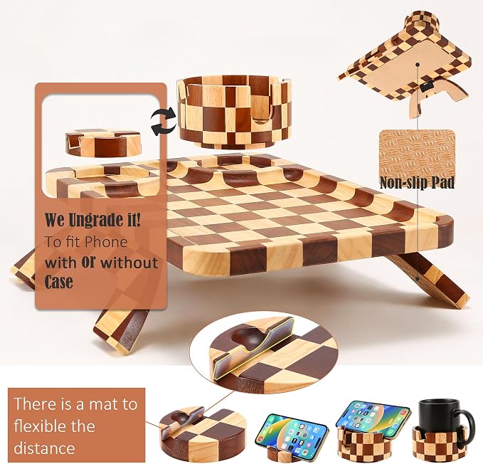 Nnewvante Couch Armrest Tray,3 in 1 Large 15.36"x9.85" Rubberwood Sofa Arm Cup Holder Clip on Side Table with 360°Rotated Phone/Drink Holder