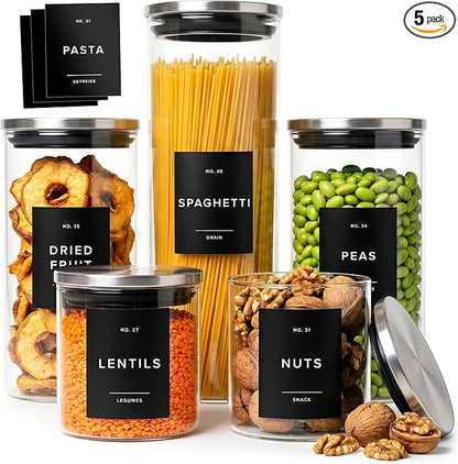 EDELHAUS Glass Storage Containers with Stainless Steel Lids [Extra Thick Glas] with 54 Labels - Canister For Pantry Noodles Flour Cereal Rice Sugar Tea Coffee Beans - Round Set of 5x