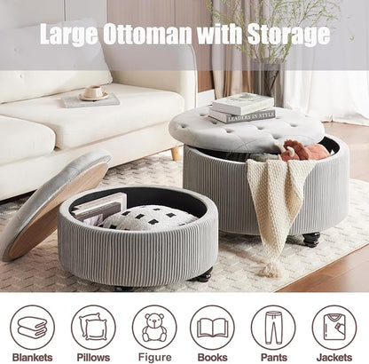 29&24.5inch Large Round Storage Ottoman Coffee Table Set of 2 Modern Button Storage Coffee Table with Removable Lid for Living Room Upholstered Footrest Stool for Bedroom (Large-Light Grey)