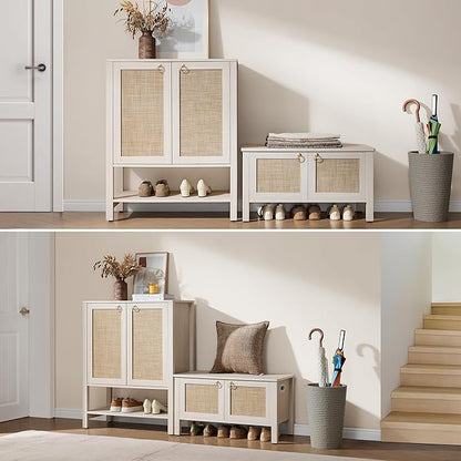 SICOTAS Rattan Shoe Cabinet with Storage - 5 Tier Farmhouse Boho Shoe Organizer Storage Cabinet with Shelves & Doors, Tall Shoe Rack Cabinet for Entryway, Living Room, Closet (White Cream Oak)