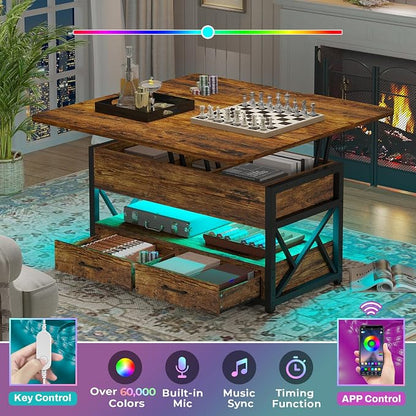 Itaar 40" Lift Top Coffee Table, 4 in 1 Coffee Tables with Storage for Living Room, Small Farmhouse Coffee Table with 2 Drawers & LED Light for Dining Reception Room, Rustic Brown