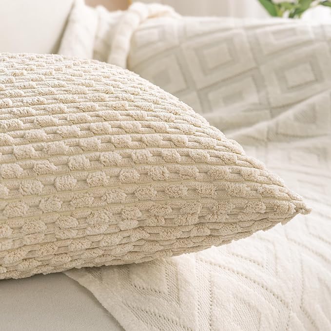 Set of 4 Beige Decorative Throw Pillow Covers 24x24 Inch Corduroy Pillow Covers for Bed Couch Sofa Living Room Soft Square Cushion Cases