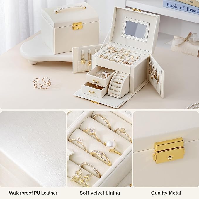 CASEGRACE Jewelry Box Organizer for Women Girls, Three Layer Jewelry Storage Box with Mirror PU Leather Jewelry Display Case for for Bracelets, Earrings, Rings, Necklaces,White