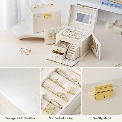 CASEGRACE Jewelry Box Organizer for Women Girls, Three Layer Jewelry Storage Box with Mirror PU Leather Jewelry Display Case for for Bracelets, Earrings, Rings, Necklaces,White