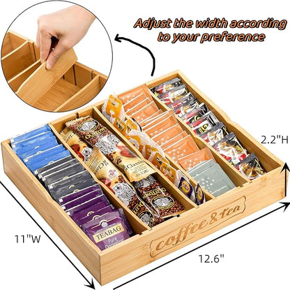 Lyellfe 2 Pack K Cup Holder for Drawers, Bamboo Tea Bag Organizer with Adjustable Dividers, Silverware Utensil Flatware Tray for Coffee Station Home Office, Kitchen