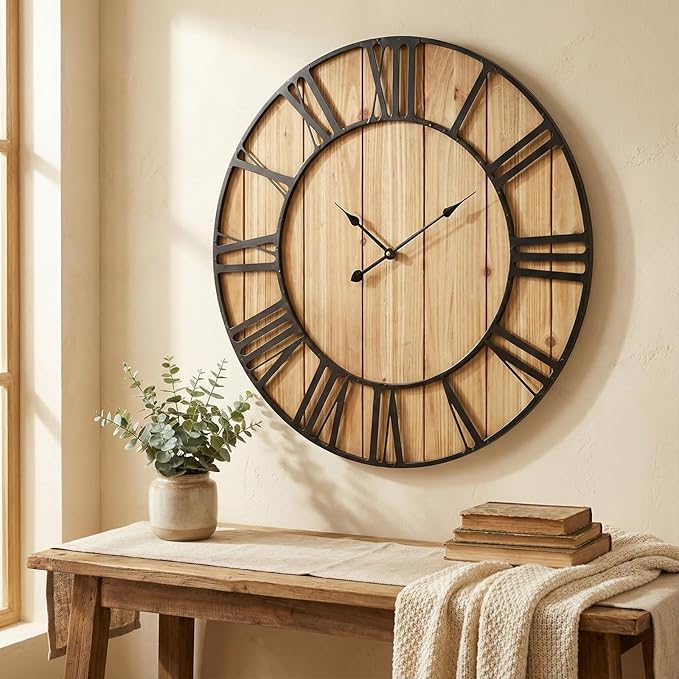 EMAX HOME Large Farmhouse Wall Clock 30 Inch Vintage Brown Wooden Wall Clock with Quiet Ticking and Minimalist Roman Numerals for Bedroom Living Room Office Kitchen Home Decor, Battery Operated