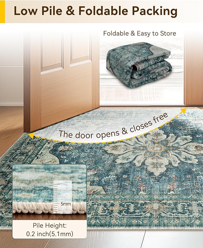 RELEANY Area Rugs Runner 2'x8' Washable Non-Slip, Floral Vintage Distress Medallion Carpet for Kitchen Hallway Bedroom Beside Laundry Room Bathroom, Dark Blue Vintage