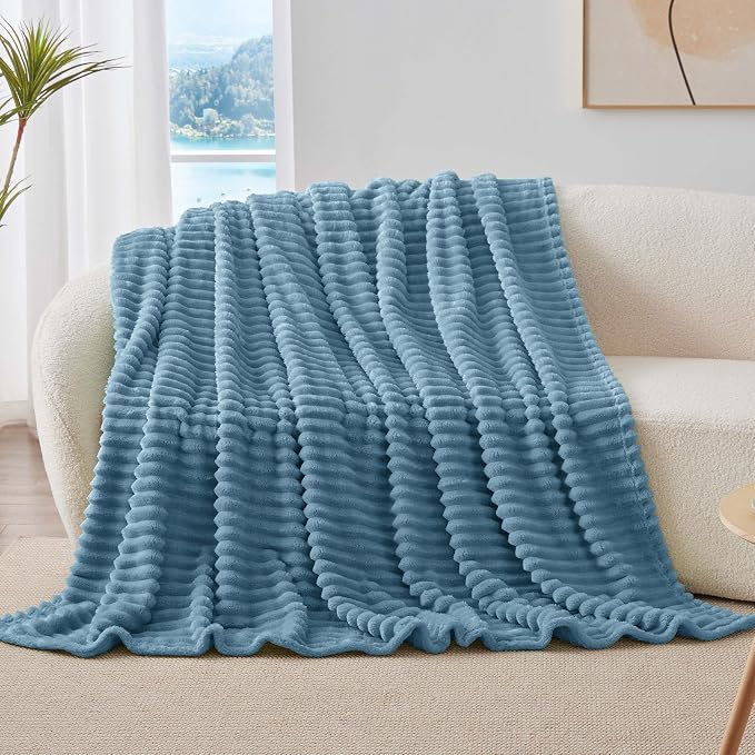 BEDELITE Fleece Blue Throw Blanket for Couch - 300GSM Soft & Warm Fluffy Blue Blanket, Decorative and Giftable Striped Blankets for Women, Men, 50"x60"