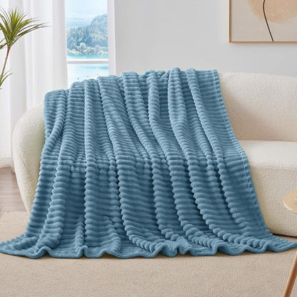 BEDELITE Fleece Blue Throw Blanket for Couch - 300GSM Soft & Warm Fluffy Blue Blanket, Decorative and Giftable Striped Blankets for Women, Men, 50"x60"