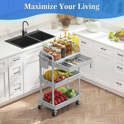 SUNALLY 3 Tier Rolling Cart with Drawer, Bathroom Storage Organizer with 2 Lockable Wheels, Multifunctional Rolling Storage Cart for Bathroom, Kitchen, Office, Craft, Makeup, Baby Essentials, Gray