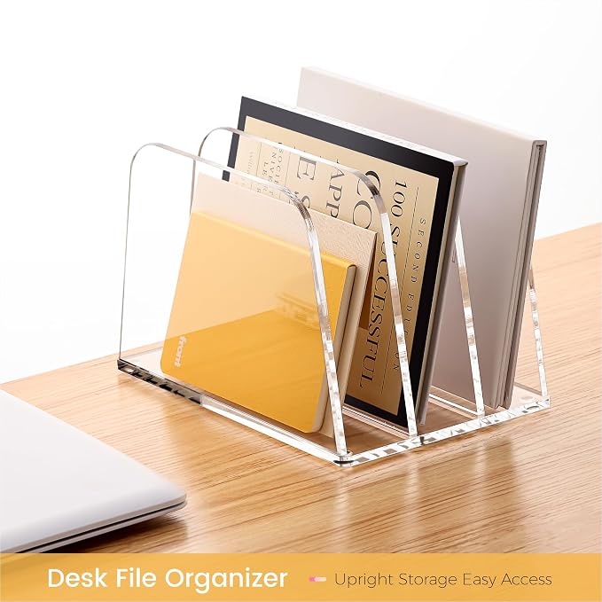 HeZone Desk File Organizer,3-Section Vertical Clear File Organizer File Holder Folder Holder Mail Sorter Acrylic Stand Rack,Office Organization for Home, Office & Classroom(1 Pack)