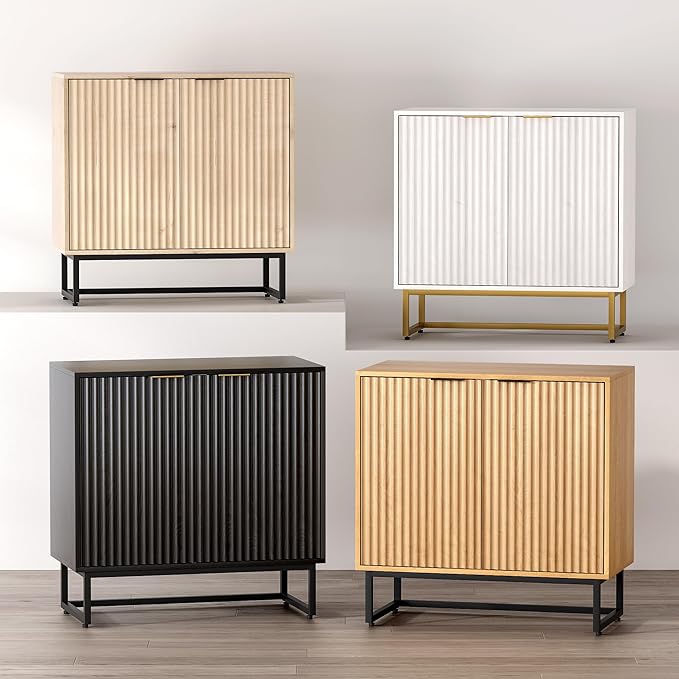 Fluted Storage Cabinet Sideboard Buffet Cabinet, Modern Accent Cabinets with Adjustable Shelves, Wooden Credenza, Console Table Entryway Cabinets for Living Dining Room, White