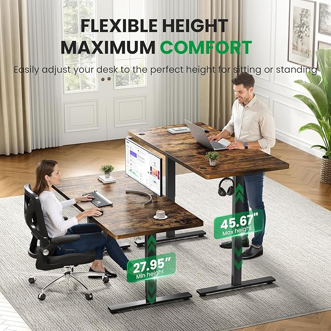 1 Inch Thick Tabletop Electric Standing Desk Adjustable - 60x28 Inch Sit Stand Desk, Double Beam Frame, 3 Memory Height Adjustment, Cable Management for Home Office