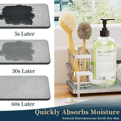 Consumest Sponge Holder for Kitchen Sink - Sink Caddy Organizer with Water Absorbing Stone Tray, Detachable Brush Holder, Stainless Steel Kitchen Counter Organizer Rack, Silver