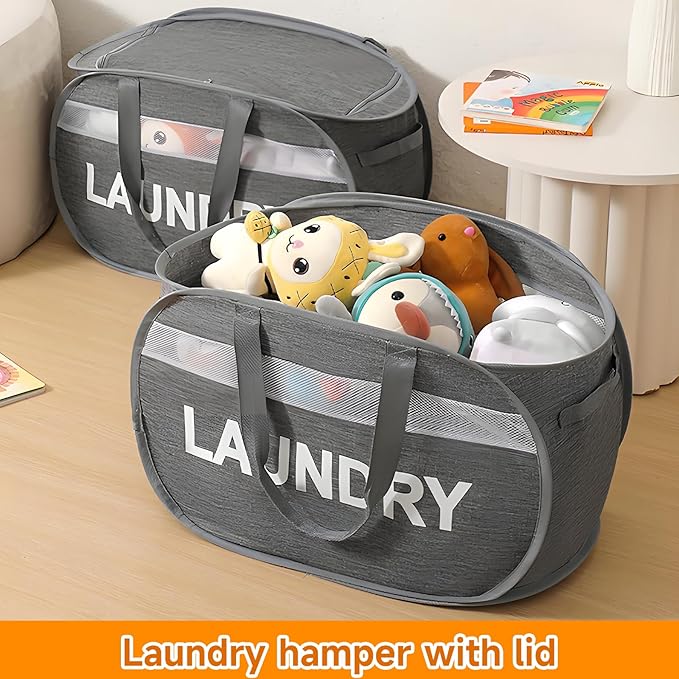 Foldable Laundry Basket with Lid, Oxford Cloth Reinforced Steel Ring Collapsible laundry hamper, 70L Breathable Mesh Dirty clothes hamper with Dual Handles for Home, Dorm, Apartment