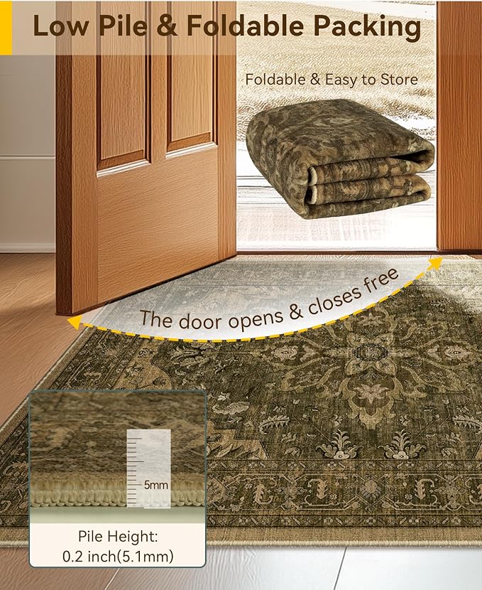 RELEANY Area Rugs Large 9'x12' Washable Non-Slip, Floral Vintage Distress Medallion Carpet for Living Room Bedroom Dining Room, Brown Dark Brown