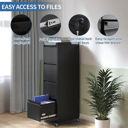 4 Drawer Mobile File Cabinet, Metal Filing Cabinet with Lock and Wheels, Home Office Rolling File Cabinets for Legal/Letter Hanging File Folders, Un-Assembled (Black)