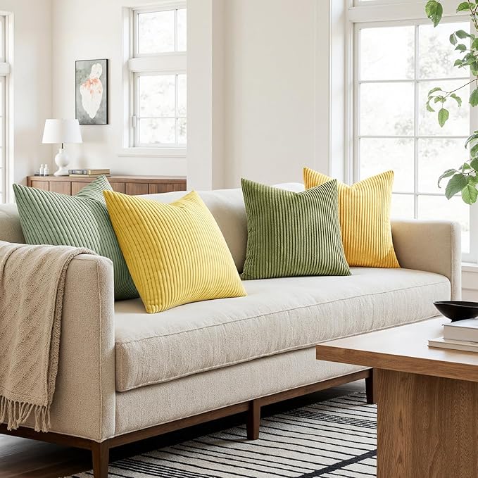 MIULEE Boho Farmhouse Yellow Green Throw Pillow Covers 20x20 Inch Set of 4 Mordern Nordic Cushion Covers Soft Corduroy Spring Home Decor for Couch Bed Sofa Living Room