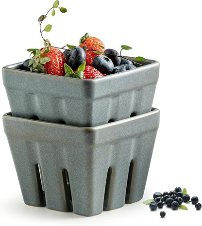 Gomakren Fruit Basket Set of 2, Square Fruit Bowls with Holes, Ceramic Berry Basket Storage Containers for Kitchen Fridge, Cute Strawberry Basket for Berries, Grape, Cherry, Slate Blue