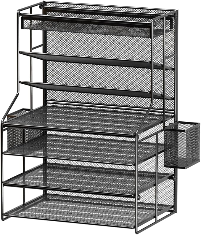 7 Tier Desk File Organizer,Metal Document Holder with Adjustable Shelves, Pull-Out Drawer & Removable Pen Holder for Office Organization,Black