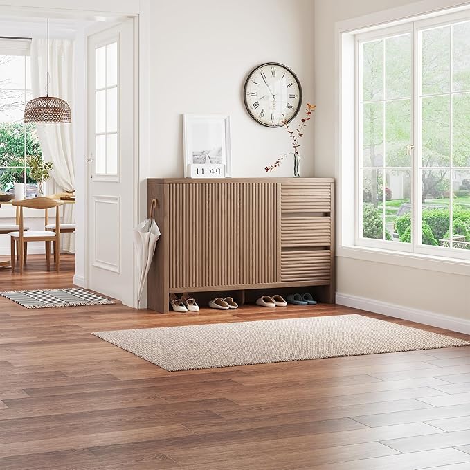45.7" Wide Shoe Cabinet, Large Shoe Storage Cabinet with 3 Drawers & 2 Grille Doors, 3-Tier Farmhouse Walnut Shoe Organizer Rack for Entryway, Hallway, Living Room