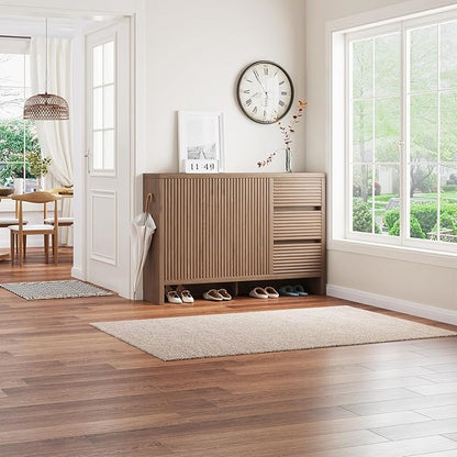 45.7" Wide Shoe Cabinet, Large Shoe Storage Cabinet with 3 Drawers & 2 Grille Doors, 3-Tier Farmhouse Walnut Shoe Organizer Rack for Entryway, Hallway, Living Room