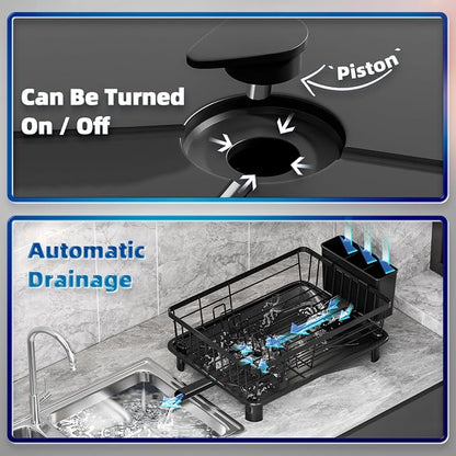 GAOKASE Dish Drying Rack, Stainless Steel-Dish Rack, Dish Racks for Kitchen Counter, Kitchen Dish Drainers with Removable Utensil Holder,New Drain Outlet,Plate Rack and Drainboard,Black
