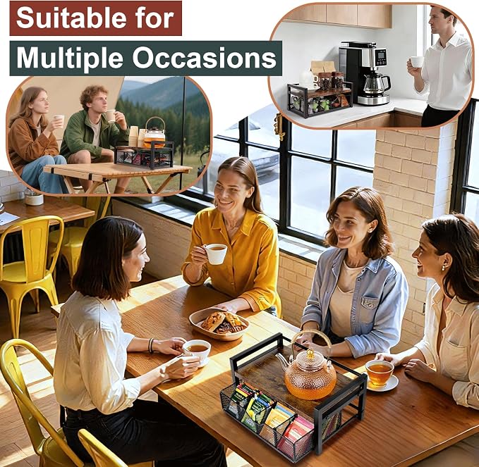 Tea Bag Organizer, Tea Bag Holder Organizer with 8-Compartment Adjustable Drawer, Wood & Metal Tea Box Organizer Chest for Countertop Kitchen, Office