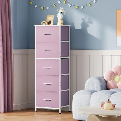 WLIVE Fabric Dresser for Bedroom, 5-Drawer Tall Dressers, Storage Organizer with Fabric Bins, Wood Top, Sturdy Steel Frame, Chest of Drawers for Closet, Hallway, Cloudy Pink
