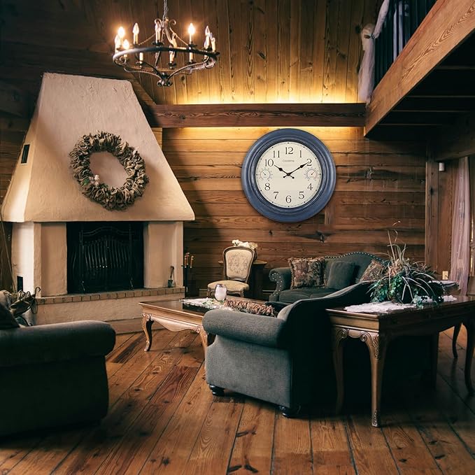 18 Inch Large Outdoor Wall Clock with Thermometer & Hygrometer – Vintage Farmhouse Weather Station for Patio, Pool, Garden – Waterproof Rust-Proof Blue Clock