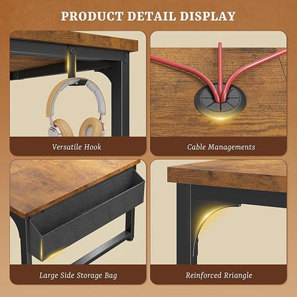 63 Inch Desk with Power Outlets, Computer Desk with 0.95 Inch Thicker Desktop & Storage Bag & Monitor Stand, Office Desk with Light, Writing Desk for Home Office,Study,Bedroom,Living, Brown