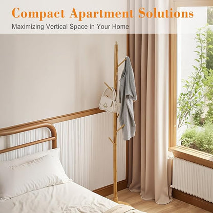 VECELO Coat Rack Freestanding, Entryway Hanger Stand, Umbrella Holder, Hall Tree With Hooks, Floor Standing Tree Stand,Light Wood
