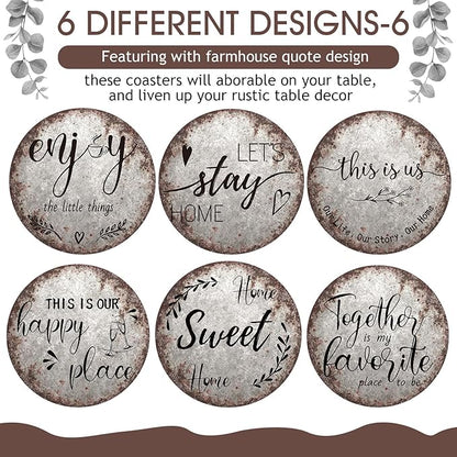Queekay Coasters Set of 6 House Warming Gifts New Home Wooden Farmhouse Drink Coasters with Holder 4'' Funny Decoration for Kitchen Family Coffee Bar Tabletop Protection(Rust Color)
