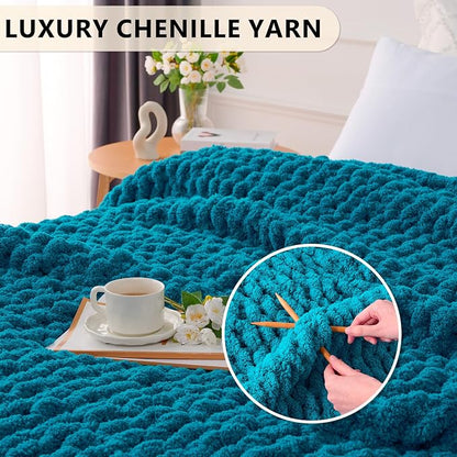 L'AGRATY Chunky Knit Blanket Throw: 50''x60'' Chenille Chunky Knitted Throw Blankets for Bed Couch - Handmade Thick Big Cable Knit Blanket - Large Crochet Rope Blankets for Home Decor(Teal)