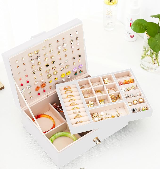 QBestry Girls Jewelry Box for Earrings Jewelry Organizer Box Teen Girls Earrings Organizer Jewelry Box Earring Holder Organizer Stud Earring Box for Girls Womens Jewelry Case Organizer White