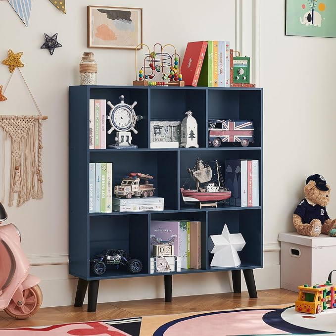 LEYAOYAO 8 Cube Bookshelf,3 Tier Bookcase with Legs,Dark Blue Mid-Century Modern Bookshelves,Large Open Storage Organizer Shelf, Wooden Book Case