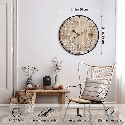 MODE HOME Large Farmhouse Wall Clock, 24 Inch Rustic Wooden Wall Clock Decorative with Metal Circle and Engraved Numerals, Silent Battery Operated for Kitchen Bedroom Living Room Fireplace Mantel