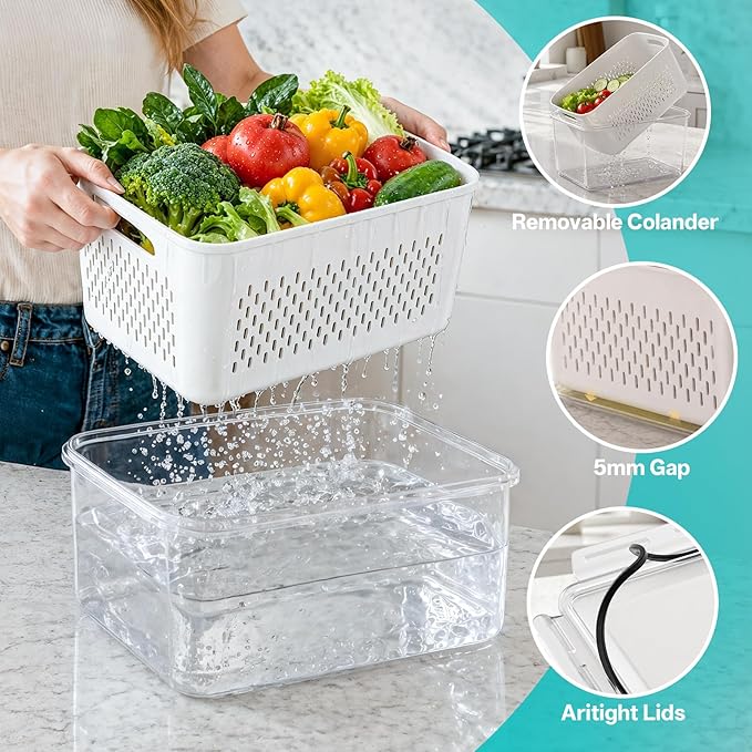 HOMETALL 5 Pack Fruit Storage Containers for Fridge Set, Fruit Washing Bowl with Strainer, Reusable Fridge Organizers and Storage for Berry Salad Lettuce, Size 4.5, 3.4, 1.8, 0.9, 0.4QT