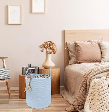 XUANGUO Cotton Rope Laundry Basket Hamper for Clothes Woven Storage Basket for Living Room Bedroom Boho Tall Rope Baskets for Blanket Toys Pillow Towels Baby Nursery Hamper Bin light blue