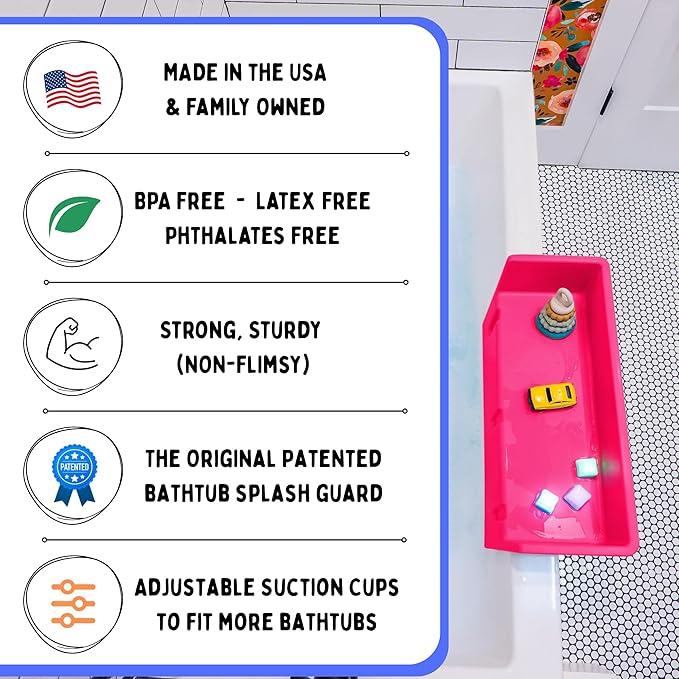 Tub Topper® Mini Bathtub Splash Guard for Kids - Compact Bath Splash Guard & Tub Play Shelf - Easy to Remove, Store & Clean - Patented Lip Design, Non-Silicone, BPA-Free, Made in USA (Pink)