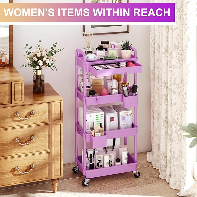 Goovilla Kitchen Cart with Drawers, 4 Tier Rolling Utility Cart Organizer on Lockable Wheels, Purple Fruit Vegetable Storage Rack Also for Cans, Snack, Craft, Art, Office, Beauty