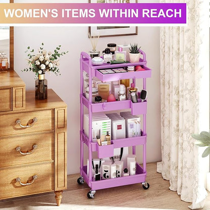 Goovilla Kitchen Cart with Drawers, 4 Tier Rolling Utility Cart Organizer on Lockable Wheels, Purple Fruit Vegetable Storage Rack Also for Cans, Snack, Craft, Art, Office, Beauty