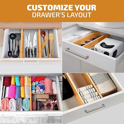 Bamboo Drawer Dividers 6 Pack - Adjustable 16-22 Inch Spring Loaded Deep Drawer Organizer Separators, 2.6 Inch High Non Slip Bamboo Dividers for Kitchen, Dresser, Clothes, Utensils, Bathroom, Office